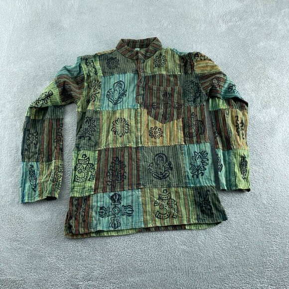 Handmade Tops - Handmade mens S Patchwork Striped Cotton Shirt Button-Up 2373